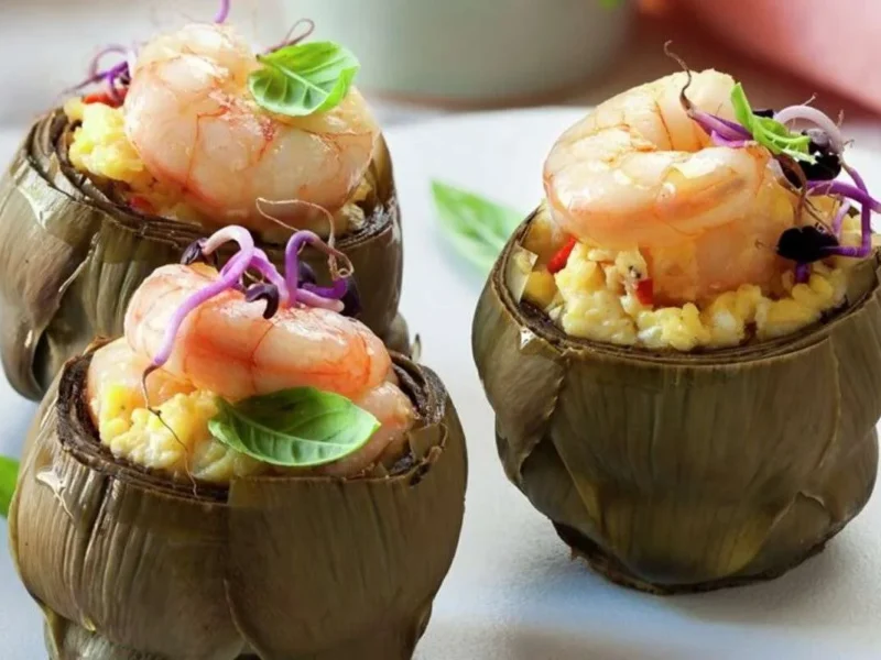Alcachofas rellenas de gambas