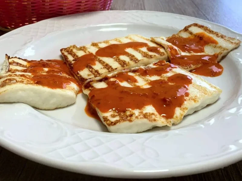 Queso asado con mojo rojo