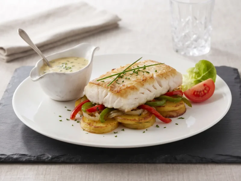 Merluza a la plancha con patatas y pimientos