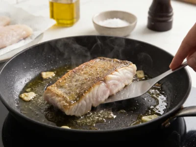 Merluza a la plancha con patatas y pimientos